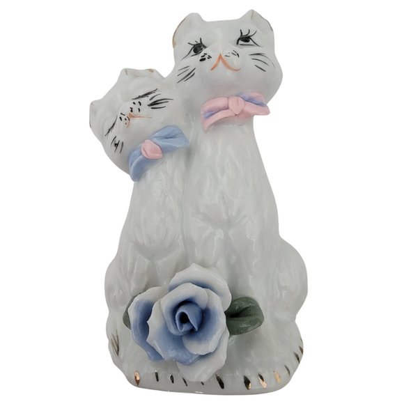 Vintage Porcelain Cat & Kitten Figurine with Pink & Blue Bows (Kitsch, 1960s) - Picture 5 of 8